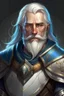 Placeholder: Please create an image for a 30-year old half-aasimar male with silver hair and a silver beard and blue eyes. He is a cleric of Selune, whose symbol should be placed on the cleric's shield, if visible in the image. The cleric should be wearing either medium or heavy armor, and carrying a warhammer or a mace and a shield