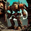 Placeholder: 90's fantasy tcg art of a giant junk robot made of multiple parts in the ruins of a post apocalyptic city