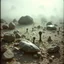 Placeholder: A striking quality close-up Kodak photograph captures a wasteland with odd stones, odd spindle-shaped objects, spooky, creepy, details of the dust very accentuated, glossy, organic, adorned with minerals and rocks, fog. Bathed in feeble light, eerie, Max Ernst style, black sun, fog, volumetric light