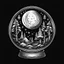 Placeholder: Make black and white cute drawing of a Crystal Ball with black bold lines. Only outline, no grayscale. A glowing crystal ball sitting on an ornate stand decorated with crescent moons and stars. Inside the ball, show a swirling magical scene like a forest, castle, or mysterious symbols.