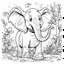 Placeholder: cartoon illustration, coloring book page, happy elephant, nature, black and white, clean