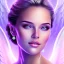 Placeholder: portrait of a beautiful woman with an angel face smiling, pink and blue dress, jewels, soft light aura