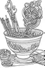 Placeholder: Outline art for coloring page, A CIGARETTE WITH WHISPS OF SMOKE NEXT TO A JAPANESE CHAWAN TEACUP, coloring page, white background, Sketch style, only use outline, clean line art, white background, no shadows, no shading, no color, clear