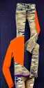 Placeholder: Model is woman. sérigraphie on denim with orange,terracotta, cream and purple colors. Camouflage patterns are screen printed on denim and felt. Woman in her 30's, thick thighs, thick calves, flat belly, wide hip. Mantle is sewed of recycled Denim and sewed together of camouflage pieces. It is with big bright purple felt tippet and cream-colored-hood. mantle is merged with satchel. Style: Haute Couture in 1920's and 1990's in New York. Paris in 2023