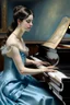 Placeholder: Portrait of dark haired young woman wearing a pale blue silk dress playing a glossy black piano in the style of renoir