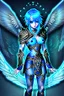 Placeholder: a person in runic armor with blue wings, blue short hair, runic tattoo and spell book