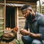 Placeholder: black man feeding free range chicken in a coop real hd image