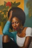 Placeholder: oil painting, in Nan Goldin style, ((best quality)), ((masterpiece)), ((realistic, digital art)), (hyper detailed), Upper body Portrait painting of a African American woman, in artistic pose, vivid coloring, painted by Nan Goldin