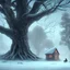 Placeholder: robed shadow behind sad, abandoned, miserable dog chained to a tree, family home in background, winter, loneliness, 8k resolution, high-quality, fine-detail, iridescent, intricate, digital art, detailed matte, volumetric lighting, illustration, 3D octane render, brian froud, howard lyon, selina french, anna dittmann, annie stokes, lisa parker, greg rutowski