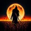 Placeholder: double exposure silhouette of brilliant fantastical cloaked Grim Reaper with red glowing eyes photo layered with moon rising over field of cornstalks, dark-gold scythe, Eldritch aesthetic, dynamic composition