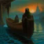 Placeholder: A hooded ferry man transports a soul across the river Styx, panoramic view,in the style Zvidslav Beksinski