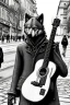 Placeholder: One single mature wolf, worn out clothes, playing guitar in the street , Vienna, mourning, model style, hyper realistic, extremely accurate, delicate, extremely detailed, Graphic novel style, wide-angle, open aperture, superfine pencil