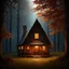 Placeholder: a warm welcoming cottage in a dark autumn forest, lots of trees, romantic fairytale mood