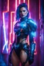 Placeholder: Photography Beautiful woman dressing cyberpunk armor, blue lighting, extreme neons colors lightning, surrounded by colors electricity