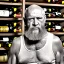 Placeholder: burly ugly 58 year old man bald with short beard and tank top manly chest chooses a bottle of wine in a cellar full of wine bottles dramatic light angry eyes highly detailed