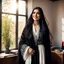 Placeholder: Hyper Realistic Photographic View Of A Gorgeous Pashto Young Woman (Wearing Long Black Coat With White Dress With Black Embroidery & Wearing Plain Black Dupatta On Her Neck) Alone Happily Standing & Smiling In Her Office Room With Her Beautiful Long Black Hair With Sun Rays Coming From A Fancy Window At Her Back, With A Little Garden View From Outside WIndow Showing Dramatic & Cinematic Ambiance.