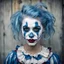 Placeholder: Attractive pretty young clown girl with white face paint, blue hair, sad, melancholy, dirty, photography