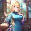 Placeholder: Clear focus,High resolution, Blonde hair, and blue eyes, kawaii style, wearing a Chinese Traditional dress, Blushing