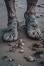 Placeholder: A 5 toes of a leg looks dirty on the grey Sands and dirt, a broken glass