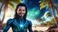 Placeholder: beautiful gorgeous young man na'vi with long hair, Avatar, blue skin, two small ears, green eyes, black hair, in cosmic suit, galactic ambiance, medium pointy goatee , smiling, with spaceship and planets and palm trees and clear crystaline cosmic beach in background