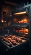 Placeholder: Si-Fi, The permanent under atmospheric lighting effects, an oven with rotated shish kebabs of the whole chickens rotating in side, intricate historical moody atmosphere, eerie grimdark ambiance, complex motherboard accents, speculative fiction art. Bokeh