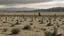 Placeholder: A desert landscape with a graveyard in the foreground, featuring numerous white crosses and headstones scattered across the arid terrain. The background depicts a mountainous horizon under a cloudy sky. The overall scene has a somber and desolate atmosphere