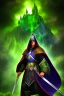 Placeholder: Powerful wizard using green magic, wearing dark cloak, castle in background on mountains