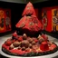 Placeholder: A red volcano with pyrokinetic fire designed in African masks painted by Jean Dubuffet