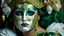 Placeholder: Beautiful faced italiwoman portrait adorned with baroque palimpsest carnival of venice style costume and masque ribbed with green obsidian, blue onix, light beige egg shell colour and Golden bioluminescense baroque palimpsest mineral stones and malachite stone masque and costume white Gloss glittering Golden and white and malachite green makeup on baroque palimpsest organic bio spinal ribbed detail. Of carnival of venice bokeh background with lights extremely detailed hyperrealistic maximálist