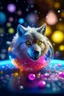 Placeholder: glitter wolf exiting a space ship made of ice cream, smiling with beautiful shiny hair, each inside a pile of transparent jelly bubbles of weird colors, disco egg made of small mirror, light rayz, feast table ,shot on Hasselblad h6d-400c, zeiss prime lens, bokeh like f/0.8, tilt-shift lens 8k, high detail, smooth render, down-light, unreal engine, prize winning