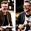 Placeholder: Photo montage of a middle-aged man with short hair. the image-1 shows him laughing in casual attire. image-2 portrays him reading a book in glasses and a sweater. image-3 captures him jogging in sportswear with determination. image-4 depicts him playing guitar in a relaxed environment