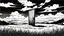 Placeholder: broken wooden door, anime, monochrome, black background, ink, simple, maximum quality, broken hinge, barely functioning, centered on frame, far view, in the middle of a grassy hill, white sky with cumulonimbus