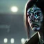 Placeholder: a moody close-up shot of an attractive woman quietly crying in a cyberpunk city