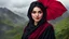 Placeholder: Hyper Realistic Close-Face-View-Of Beautiful Young Happy Pashto Woman With Beautiful-Black-Eyes-&-Black-Hair Wearing Black-Frock & Black-Shawl-With-Maroon-Lace Carrying An Red Umbrella On Mountain-Top With Greenery & Breathtaking Cloudy-Rainy-Weather Showing Dramatic & Cinematic Ambiance.