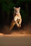 Placeholder: A large kentucky mountain lion chasing a male white tail deer, dynamic action, jumping, splashes of sand, nature photography, raking light, blue lights in the background --ar 16:9 --style raw --v 6.0