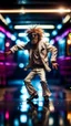 Placeholder: funky punk hippy hairy white skinned pimp tap dancer fashion gremlin in the middle of crazy dance moves dancing on buss parked in dark lit reflective wet hall tunnel,bokeh like f/0.8, tilt-shift lens 8k, high detail, smooth render, down-light, unreal engine, prize winning