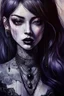 Placeholder: painting of a woman with dark purple-black long hair and black tattoos on her body, a cold, indifferent expression, silver and black onyx jewelry, black lace dress, cybernetics, crepy stunning anthropomorphic female, Minjae Lee vibe, cbybernetic and etheral human, ancient deity, by Vincent Lefevre and Yoshitaka Amano