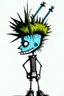 Placeholder: 2d drawing of a stickman, cool with punk hair, x eyes like hangman, back side view,smiling,close-up ,3d realistic in colour