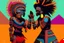 Placeholder: two arafed persons arguing in ritual combat stance, afrofuturism, arafed angularity, aztec vibe, patchwork vibe, side view, aztec room with extreme body action, sharp color contrasts, amazing shadows, exaggerated limbs and heads, minimal cozy, warm palette, bright bold warm summer colors, ritual scene, futuristic tribal style, Aztec influence, sculptural helmets, spiked headdress, geometric borders, patterned red rug over dark wooden floor, tribal ceramic vases with potted plants