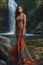 Placeholder: full shot body photo of the most beautiful artwork in the world featuring model, happy mood, High Detail, dramatic, photo realistic, ultra sharp, ultra hd, hyper realistic, ultra realistic, ((((dress)))), trending on artstation, sharp focus, studio photo, intricate details, highly detailed, standing in nice pose in country side with river ,water fall ,rocky valley,mountains at background, pretty clouds