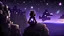 Placeholder: Minecraft Character, minecraft theme, purple starry sky, meditating, facing back, wearing gown, minecraft style, in between two cliffs, sharp edges