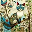 Placeholder: Siamese cat with blue eyes, adorned with intricate patterns and stylized buildings paints, hangs precariously from a floral-patterned board, against a mottled gray-green background. It looks directly at the viewer while a speech bubble above its head states "Good Morning". Three stylized birds in various colors and patterns stand on the branch and board above and below the cat, whimsical, expressionist painting, diswashed, Aging effects, Ogata Kōrin style.