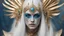 Placeholder: The image features a person with an elaborate makeup and costume that gives them an otherworldly appearance. They have pale skin, long white hair, and pointed ears. Their facial features are accentuated by gold and blue makeup, which includes intricate designs around their eyes and on their forehead. The individual is wearing a headdress with a spike-like design that adds to the fantastical look. They are also adorned in a costume with gold and blue elements, featuring what appears to be scales