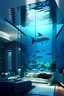 Placeholder: 10k hyper realistic detailed luxury modern Underwater waterproof house with glass paneling, living room, lights