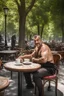 Placeholder: half figure photography of an ugly turkish barman servicing one coffee at the table, burly robust beefy shirtless 45 years old man, in a public park of Istambul , sunny day, sweat, wet, big shoulders, angry eyes, photorealistic