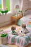 Placeholder: Sylvanian family cat and kitten hospital, hospital furniture, charts on beds, flowers in a vase on a table next to a bed