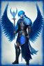 Placeholder: a person in runic armor with blue wings, blue short hair, runic tattoo and spell book, male