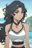 Placeholder: Woman with curly shoulder length black hair, vivid silver eyes, halter top, battle skirt, muscular, smirking, seaside, background, RWBY animation style
