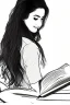 Placeholder: Pencil sketch of Young woman, Arab features, long wavy hair, reading a book, full body، on lined paper