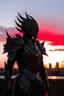 Placeholder: Vampire, silver knight armor, helmet, demonic wings, black edging, standing on a rooftop facing away with a sunset in the background